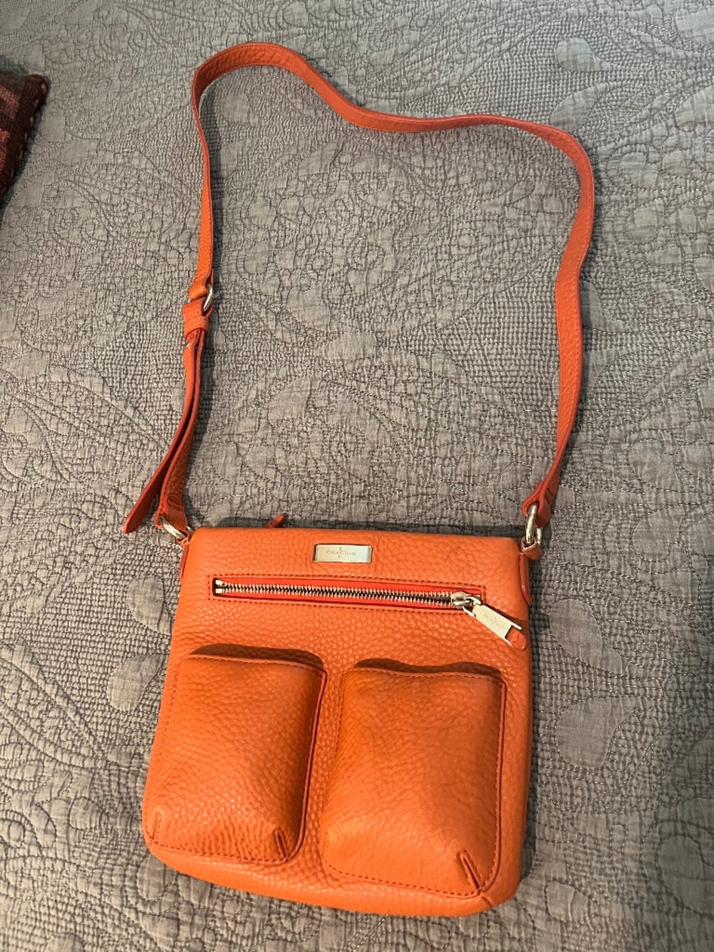 Cole Haan Crossbody Orange Pebbled Leather Bag w// Magnetic Pouches & Zippers